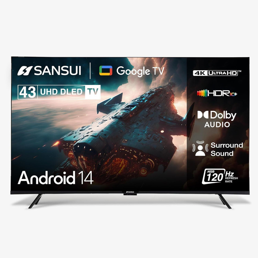 Sansui prime 109 cm (43 inch) Ultra HD (4K) LED Smart Google TV with Bezel Less Design|A+ Display, 1.0B Colors|MEMC|HSR120Hz|HDR10|HLG |LED(JSW43UG23)