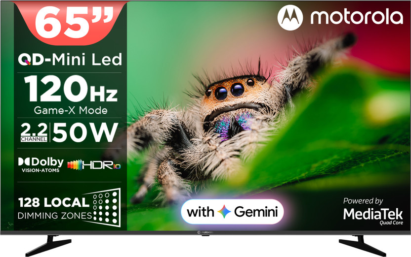 MOTOROLA 165 cm (65 inch) Ultra HD (4K) Mini LED Smart Google TV 2026 Edition with QD Mini LED, 128 Local Dimming Zones / LEDs, 2.2 Channel Audio System AIPQ , Mediatek Processor, 120Hz refresh rate, Dolby Vision-Atmos, HDR10(65UHDGMMWBIQ)