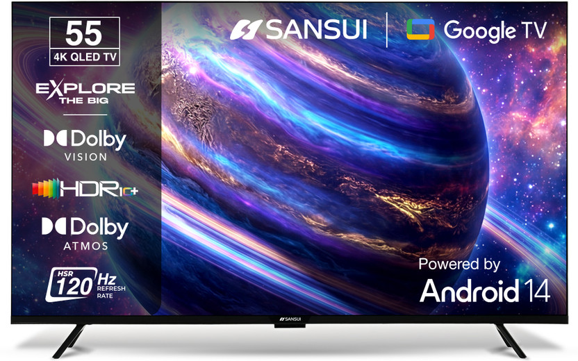 Sansui 140 cm (55 inch) QLED Ultra HD (4K) Smart Google TV with Dolby Vision| HDR10+| Dolby Atmos| HSR 120Hz| MEMC| 30W Surround Sound| FloLED Panel(JSW55UG23Q)