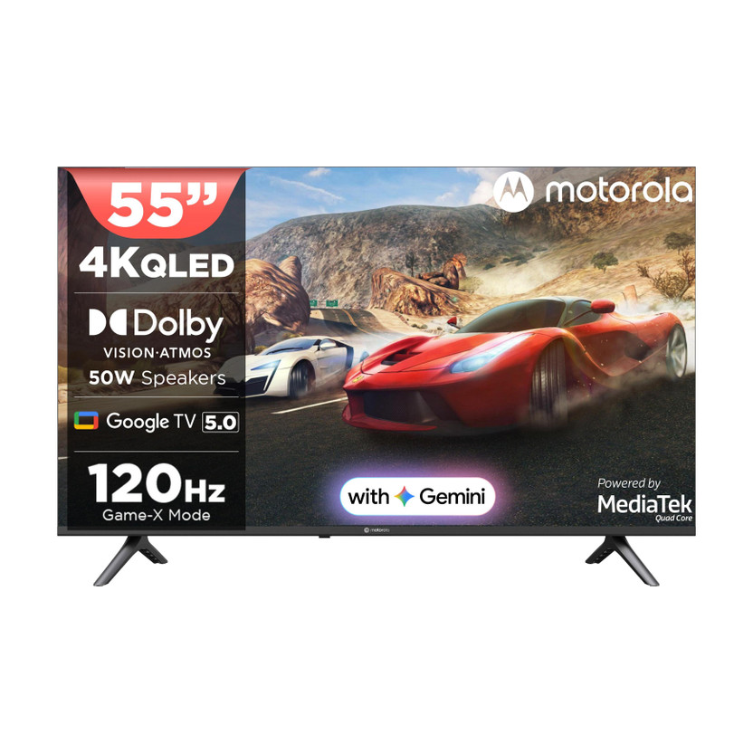 MOTOROLA 139.7 cm (55 inch) QLED Ultra HD (4K) Smart Google TV 2025 Edition with 5.0 OS, 50 W speaker, 120Hz Game accelerator, and Dolby Atmos(55UHDGQMWSDQ)
