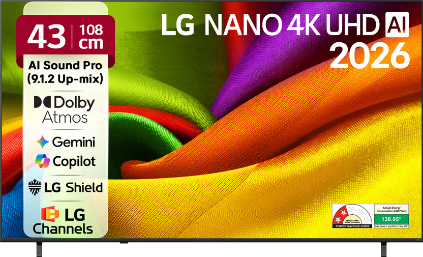 LG AI NANO NU87 108 cm (43 inch) Ultra HD (4K) LED Smart WebOS TV 2026 Edition with NANO Detail Enhancer, HDR10 Pro, 4K Super Upscaling Alpha7 AI Processor 4K Gen9, Dolby Atmos, AI Sound Pro (9.1.2 ch), Multi AI (Google Gemini & MS Copilot), Linear Flow Design, 60Hz VRR, 5 Years OS upgrade, Secured 