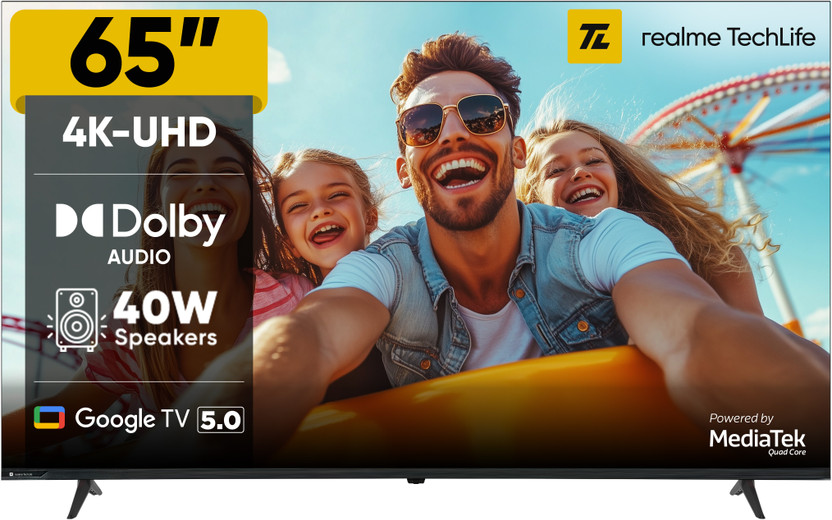 realme TechLife 165 cm (65 inch) Ultra HD (4K) LED Smart Google TV with 5.0 with Dolby Audio, and 40 W downfiring speaker(65UHDGDRVSAB)