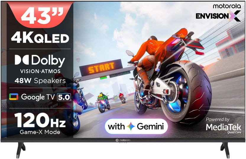 MOTOROLA 109 cm (43 inch) QLED Ultra HD (4K) Smart Google TV with 5.0 with 48 W speaker, 120Hz Game accelerator, and Dolby Atmos(43UHDGQMVSAQ)