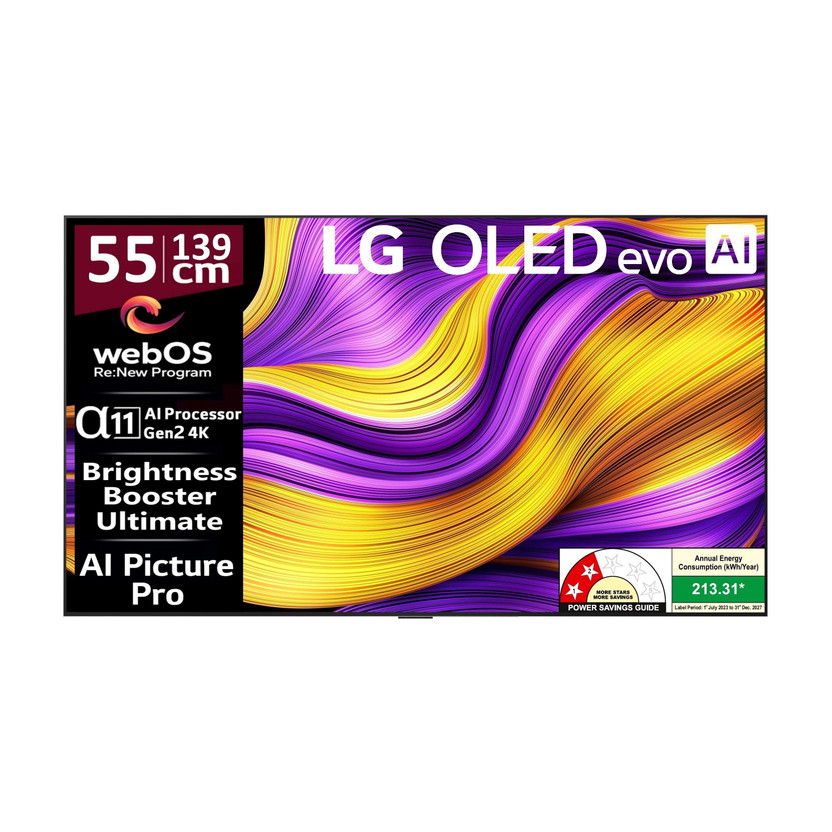 LG evo AI G5 139 cm (55 inch) OLED Ultra HD (4K) Smart WebOS TV with Alpha 11 AI Processor 4K Gen2 | Brightness Booster Ultimate | AI Picture Pro | Dolby Vision | AI Sound Pro (Virtual 11.1.2ch Up-mix) | Dolby Atmos | Up to 165Hz Variable Refresh Rate | 60W Sound Output | 2.5 GB RAM | 16 GB ROM | Nv