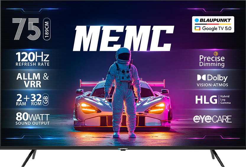 Blaupunkt 189 cm (75 inch) QLED Ultra HD (4K) Smart Google TV with 80W Sound Output | 4 Speaker | 550 Nits Brightness | Precise Dimming | HDR10+ | Dolby Atmos | Dolby Vision | 120 Hz Refresh Rate | HLG | ALLM & VRR | Eyecare | Google Assistant | Bezel Less Design(75SQ0110)