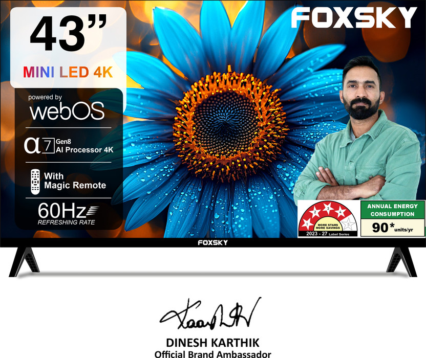 Foxsky 109 cm (43 inch) Ultra HD (4K) Mini LED Smart WebOS TV 2026 Edition with 2.1CH Audio System Tuned by 60h, Native 60Hz Refresh Rate(FS43MINILED)