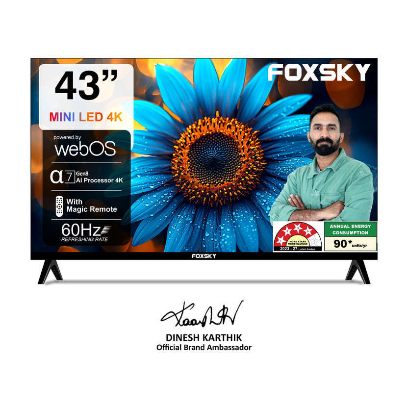 Foxsky Foxsky 109 cm (43 inch) Ultra HD (4K) Mini LED Smart WebOS TV 2026 Edition with 2.1CH Audio System Tuned by 60h, Native 60Hz Refresh Rate(FS43MINILED) - Flipkart Deal
