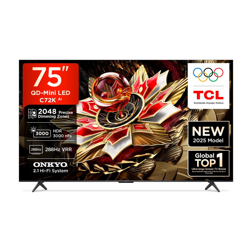 TCL C72K 189 cm (75 inch) Ultra HD (4K) Mini LED Smart Google TV with Precise Dimming Series Up to 2048 Zones | HDR 3000 nits | CrystGlow HVA Panel | AMD Free Sync Premium Pro | Dolby Vision IQ | 60 W ONKYO 2.0 CH Hi-Fi System IMAX Enhanced | Airplay 2(75C72K)