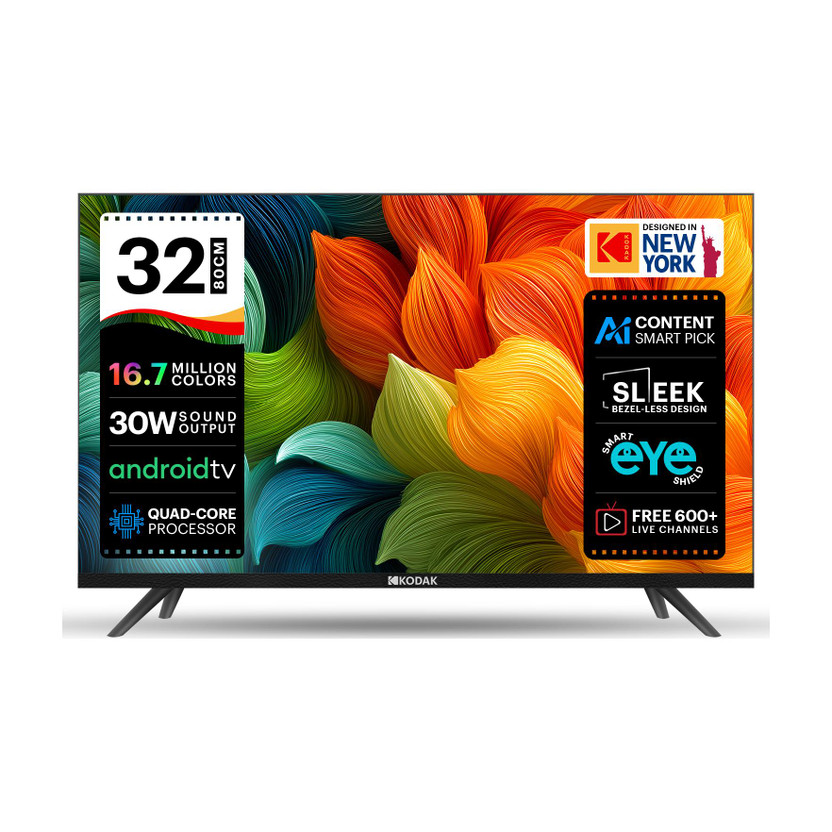 KODAK 9X Series 80 cm (32 inch) HD Ready LED Smart Android TV with 2 Speakers, 30 Watts Sound Output , Quad-Core Processor , Smart Shield Eye, Free 600+ Live Channels , Bezel-Less Display(329X5051)