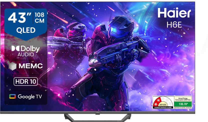 Haier H6E 108 cm (43 inch) QLED Ultra HD (4K) Smart Google TV with HDR10| Auto Low Latency Mode (ALLM)| HDMI 2.1| Voice Control with Google TV ("Ok| Google")| Metallic Bezel-less Design.(43H6E)