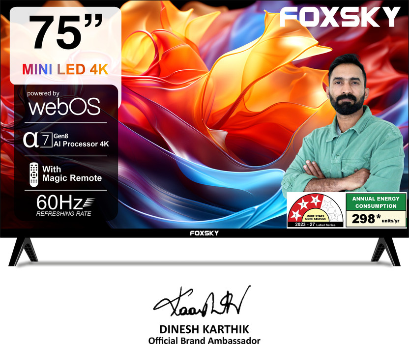 Foxsky 190.5 cm (75 inch) Ultra HD (4K) Mini LED Smart WebOS TV 2026 Edition with 2.1CH Audio System Tuned by 40W, Native 60Hz Refresh Rate(FS75MINILED)