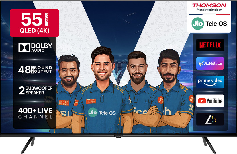 Thomson 139 cm (55 inch) QLED Ultra HD (4K) Smart JioTele OS TV with 48W Sound Output | 2 Speaker | 450 Nits Brightness | Dolby Audio | Multilingual Voice Assistant | 300+ free live TV channels | 300+ JioGames | Web Browser | Sports Mode | Bezel Less Design(55TJQ0032)