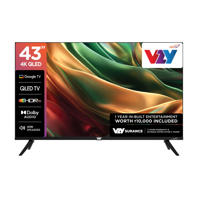VZY by DishTV with DTH & OTT Subscription 109 cm (43 inch) QLED Ultra HD (4K) Smart Google TV 2026 Edition with 1-Year Premium Bundled Content (200+DTH Channels & 18+OTTs- Jio Hotstar, Sony Liv, Z5..) 3 Years WarrantyHDR10 ALLM2GB RAM, 16GB Storage30W Speaker Dolby AudioVoice Assistant Remote� Dual 