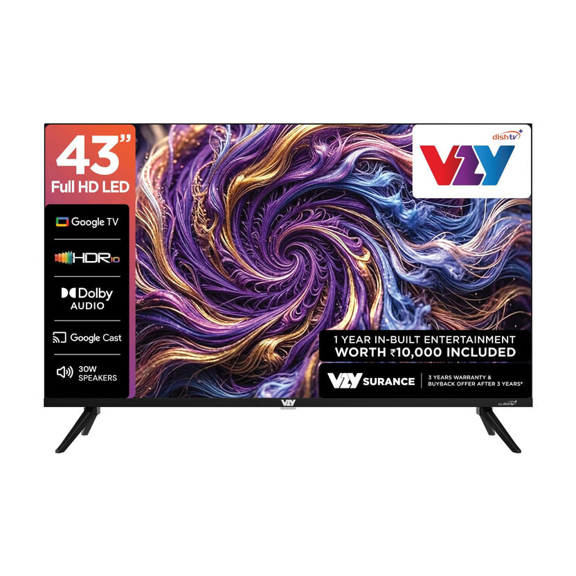 VZY by DishTV with DTH & OTT Subscription 109 cm (43 inch) Full HD LED Smart Google TV 2026 Edition with 1-Year Premium Bundled Content (200+DTH Channels & 18+OTTs- Jio Hotstar, Sony Liv, Z5..) 3 Years Warranty 1GB RAM, 8GB StorageALLM30W Speaker Dolby Audio Voice Assistant Remote(A43FDLG5X)