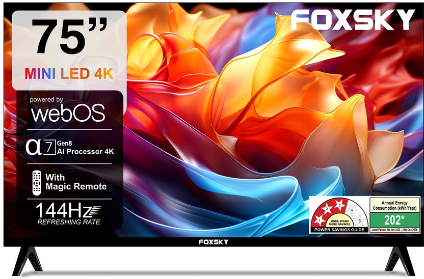Foxsky 190.5 cm (75 inch) Ultra HD (4K) Mini LED Smart WebOS TV 2026 Edition with 2.1CH Audio System Tuned by 40W, Native 144 Refresh Rate, Dolby Vision Atmos(FS75MINILED)