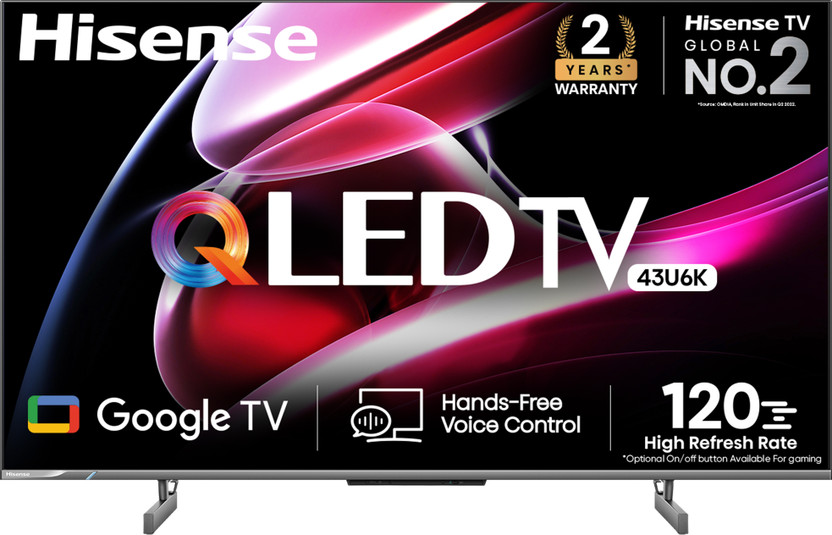 Hisense U6K 108 cm (43 inch) QLED Ultra HD (4K) Smart Google TV with Hands Free Voice Control, Vision and Atmos(43U6K)