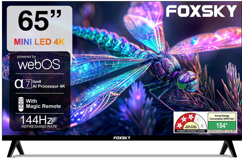 Foxsky 165.1 cm (65 inch) Ultra HD (4K) Mini LED Smart WebOS TV 2026 Edition with 2.1CH Audio System Tuned by 40W, Native 144 Refresh Rate, Dolby Vision Atmos(FS65MINILED)