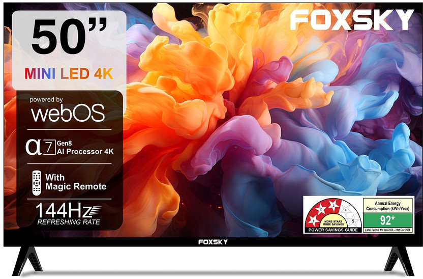 Foxsky 127 cm (50 inch) Ultra HD (4K) Mini LED Smart WebOS TV 2026 Edition with 2.1CH Audio System Tuned by 40W, Native 144 Refresh Rate, Dolby Vision Atmos(FS50MINILED)