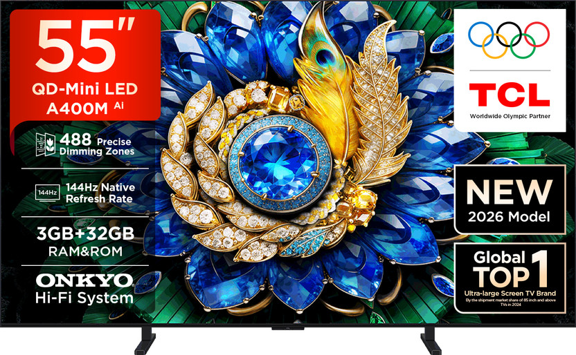 TCL A400M 138.71 cm (55 Inch) Ultra HD (4K) Mini LED Smart Google TV 2026 Edition with ONKYO Hi-Fi System Up to 488 Precise Dimming Zones 288 VRR High HDR Brightness TSR AiPQ Processor AMD Free Sync Premium TCL Ai Ultra-slim Unibody Design(55A400M)