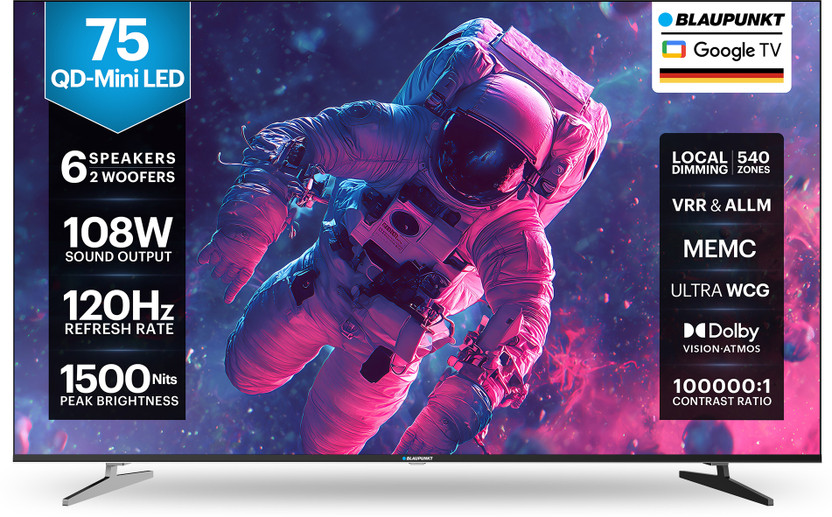 Blaupunkt Milkyway Series 189 cm (75 inch) Ultra HD (4K) Mini LED Smart Google TV with 108 W Sound Output Powered by Blaupunkt | Inbuilt 2 Sub-Woofer with Magic Sound| Dolby Atmos | 540 Local Dimming Zones | 120 Hz HSR Refresh Rate | MEMC with ALLM & VRR | 1500 Nits Brightness | Dolby Vision, HDR 10