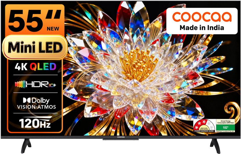 Coocaa 138 cm (55 inch) Ultra HD (4K) Mini LED Smart Google TV 2025 Edition with Local Dimming - 2025 Edition | Dolby Vision & Dolby Atmos | HDR 10+ | Filmmaker Mode | 120Hz Game Accelerator | ALLM & MEMC | Wide Colour Gamut | 36W Sound | 32 GB Storage(55MINI75Q)
