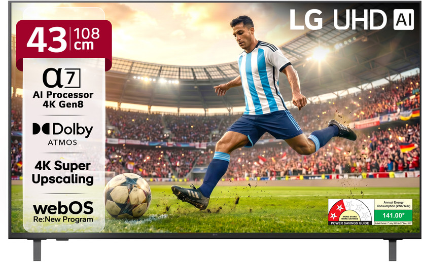 LG AI TV UA7380 108 cm (43 inch) Ultra HD (4K) LED Smart WebOS TV 2025 Edition with Alpha7 AI Processor 4K Gen8 | 4K Super Upscaling| 4K Expression Enhancer | NEW AI Magic Remote Compatible | AI Search with MS Copilot | AI Sound Pro (9.1.2 ch) | LG Shield | Chromecast Built-in(43UA73806LA)