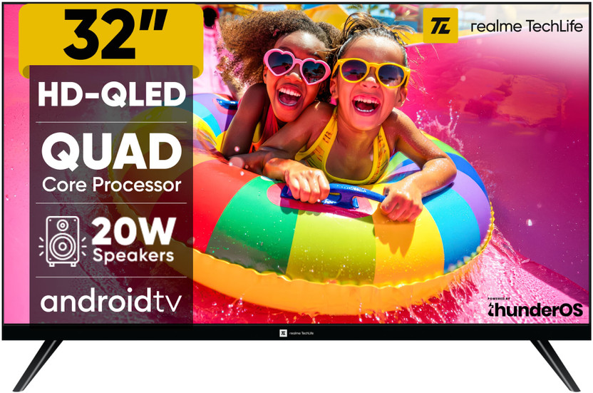 realme TechLife 80 cm (32 inch) QLED HD Ready Smart Android TV with Thunder OS, Live TV, Netflix, 100+ Apps, 20W Speakers, 300 Nits Brightness, Bezel-less Design(32HDSQRWWTQ)