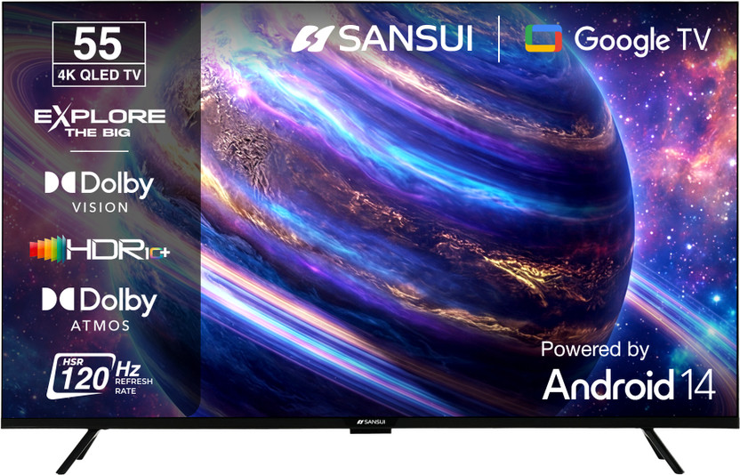 Sansui 140 cm (55 inch) QLED Ultra HD (4K) Smart Google TV with Dolby Vision| HDR10+| Dolby Atmos| HSR 120Hz| MEMC| 30W Surround Sound| FloLED Panel(JSW55UG23Q)