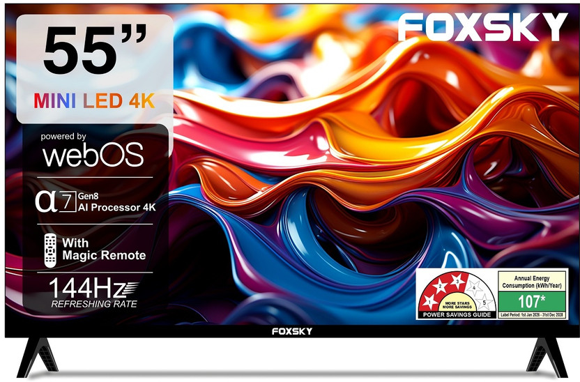 Foxsky 139.7 cm (55 inch) Ultra HD (4K) Mini LED Smart WebOS TV 2026 Edition with 2.1CH Audio System Tuned by 40W, Native 144 Refresh Rate, Dolby Vision Atmos(FS55MINILED)