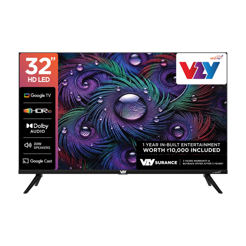 VZY by DishTV with DTH & OTT Subscription 80 cm (32 inch) HD Ready LED Smart Google TV 2026 Edition with 1-Year Premium Bundled Content (200+DTH Channels & 18+OTTs- Jio Hotstar, Sony Liv, Z5..)3 Years Warranty1GB RAM, 8GB StorageALLM20W Speaker Dolby Audi