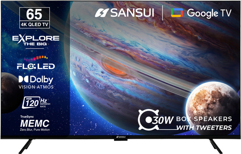 Sansui 165 cm (65 inch) QLED Ultra HD (4K) Smart Google TV with Dolby Vision| HDR10+| Dolby Atmos Sound with Tweeters| HSR 120Hz| MEMC| 30W Surround Sound| FloLED Panel(JSW65UG23Q)