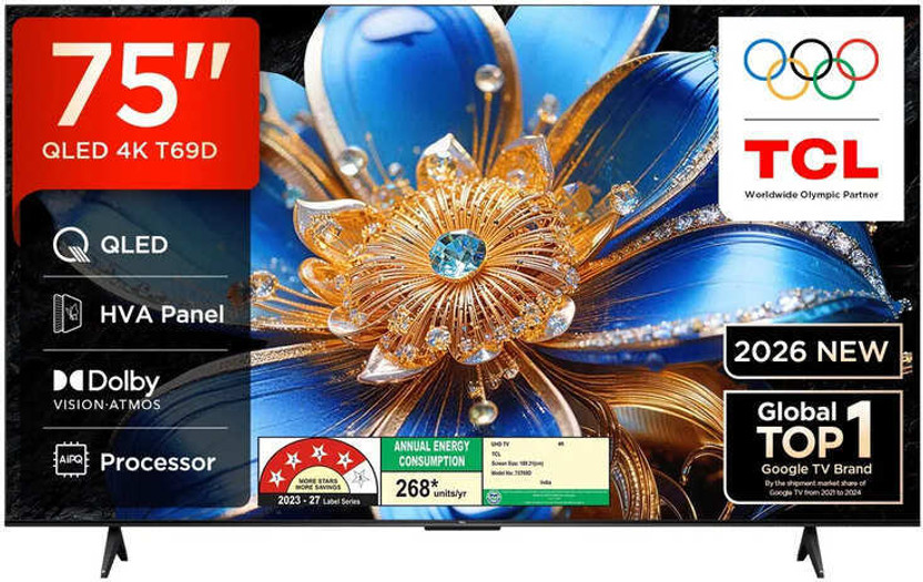 Google TCL 189 cm (75 inch) QLED Ultra HD (4K) Smart Google TV with Dolby Vision, HVA Panel, Slim & Uni-body(75T69D) - Flipkart Deal