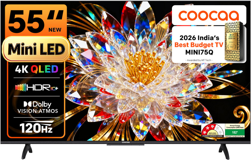 Coocaa 138 cm (55 inch) Ultra HD (4K) Mini LED Smart Google TV 2025 Edition with Local Dimming - 2025 Edition | Dolby Vision & Dolby Atmos | HDR 10+ | Filmmaker Mode | 120Hz Game Accelerator | ALLM & MEMC | Wide Colour Gamut | 36W Sound | 32 GB Storage(55MINI75Q)