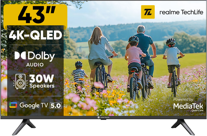 realme TechLife 108 cm (43 inch) QLED Ultra HD (4K) Smart Google TV 2026 Edition with 5.0 OS, Dolby Audio, and 30 W downfiring speaker(43UHDIQRWSDQ)