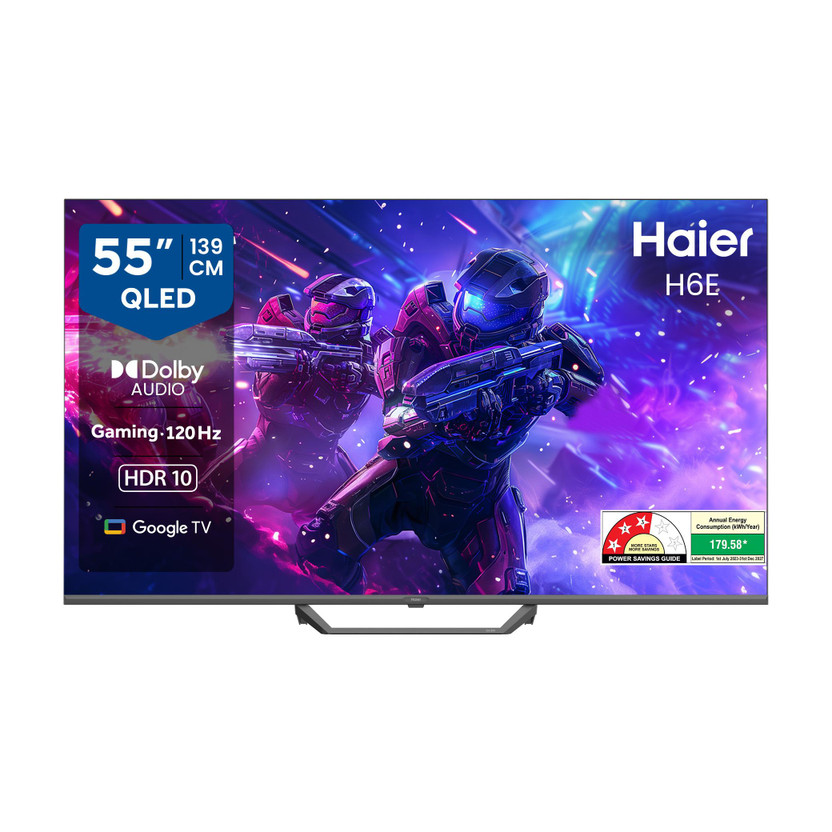 Haier H6E 139 cm (55 inch) QLED Ultra HD (4K) Smart Google TV with HDR10| Auto Low Latency Mode (ALLM)| HDMI 2.1| Voice Control with Google TV ("Ok| Google")| Metallic Bezel-less Design.(55H6E)