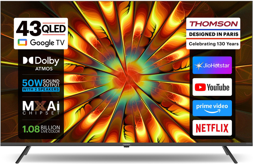Thomson Phoenix 2025 Edition 108 cm (43 inch) QLED Ultra HD (4K) Smart Google TV with Dolby Atmos 50 Watts Sound Output 2 Speakers AI Smooth Motion Rate HDR 10 Google Assistan(43QAI1005)
