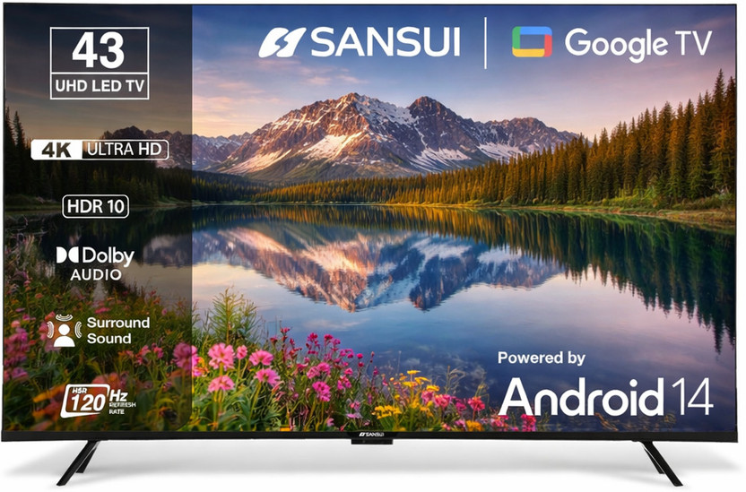 Sansui prime 109 cm (43 inch) Ultra HD (4K) LED Smart Google TV with 5.0 Android 14 Bezel Less Design, HSR 120Hz, HDR10 & HLG LED|2 GB RAM | 32 GB ROM(JSW43UG23)