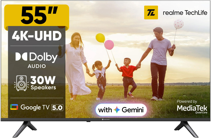realme TechLife 139 cm (55 inch) Ultra HD (4K) LED Smart Google TV with 5.0 OS, Dolby Audio, and 30 W downfiring speaker(55UHDGDRWSDB)