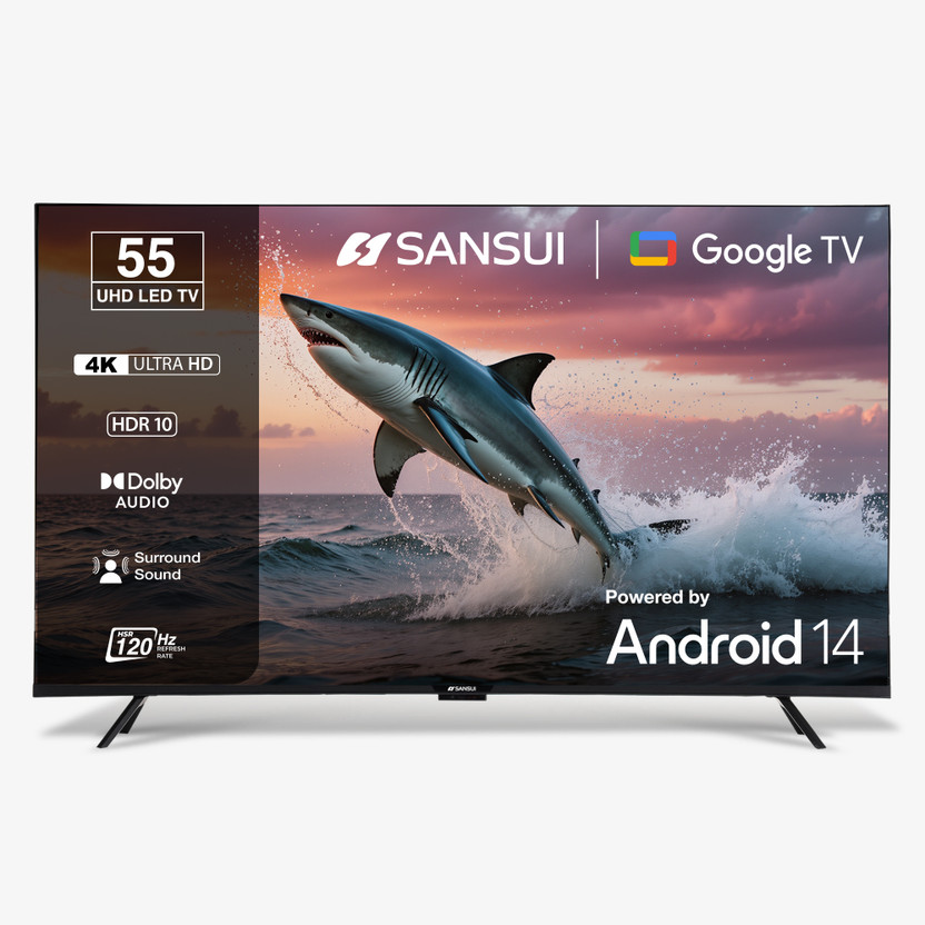 Sansui 140 cm (55 inch) Ultra HD (4K) LED Smart Google TV with HDR10| HLG| Dolby Audio| HSR 120Hz Refresh Rate| MEMC| 30W Surround Sound| FloLED Panel(JSW55UG23)