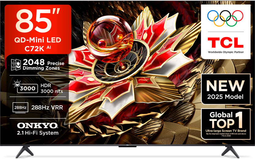TCL C72K 215 cm (85 inch) Ultra HD (4K) Mini LED Smart Google TV with Precise Dimming Series Up to 2048 Zones | HDR 3000 nits | CrystGlow HVA Panel | AMD Free Sync Premium Pro | Dolby Vision IQ | 60 W ONKYO 2.0 CH Hi-Fi System IMAX Enhanced | Airplay 2(85C72K)