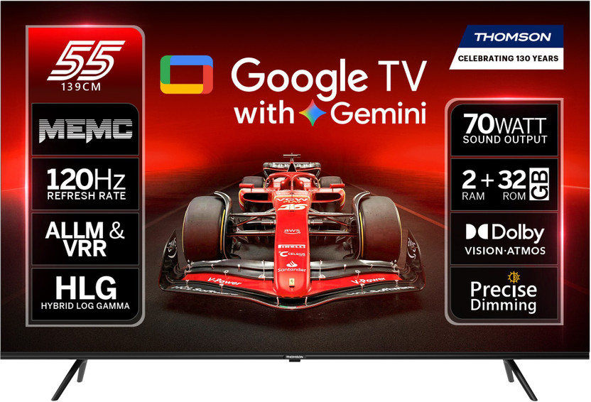 Thomson NeoX 139 cm (55 inch) QLED Ultra HD (4K) Smart Google TV with MEMC Dolby Vision - Atmos 70W Sound Output powered by Blaupunkt 4 Speaker 32 GB Storage 550 Nits Brightness Precise Dimming HDR10+ 120 Hz Refresh Rate HLG ALLM & VRR Eyecare Technology Google Assistant Bezel Less Design(55NEOX0011