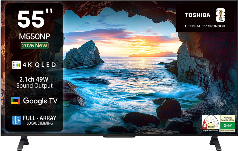 TOSHIBA 139 cm (55 inch) QLED Ultra HD (4K) Smart Google TV with Full Array Local Dimming, 49W Power Bass Woofer and HSR 120(55M550NP)