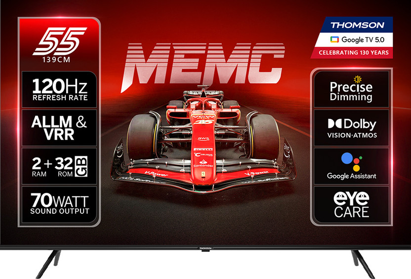 Thomson NeoX 139 cm (55 inch) QLED Ultra HD (4K) Smart Google TV with MEMC Dolby Vision - Atmos 70W Sound Output powered by Blaupunkt 4 Speaker 32 GB Storage 550 Nits Brightness Precise Dimming HDR10+ 120 Hz Refresh Rate HLG ALLM & VRR Eyecare Technology Google Assistant Bezel Less Design(55NEOX0011