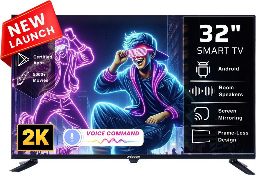 Uniboom 80 cm (32 inch) HD Ready LED Smart Android TV with Voice Control App | 500+ Movies | 1000+ Certified Apps | Profile Mode| Aura Vision | Mobile Cast(32S-ULT-AED)