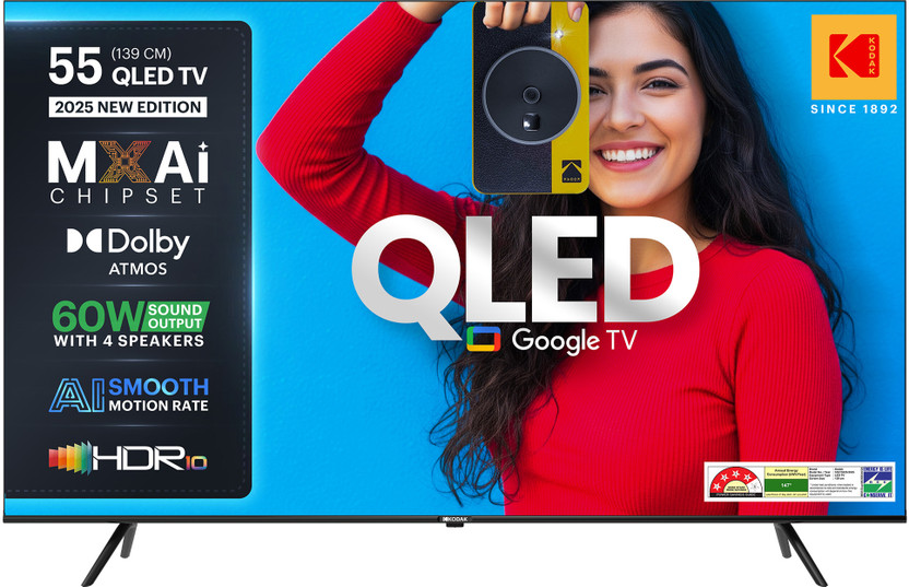 KODAK Matrix 139 cm (55 inch) QLED Ultra HD (4K) Smart Google TV with 60W Sound Output | 4 Speaker | 550 Nits Brightness | HDR 10 with WCG | Dolby Atmos | Dolby Digital Plus | AI PQ Chipset | AI Smooth Motion | Google Assistant | Bezel Less Design(55ST5025)