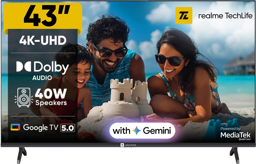 realme TechLife 109 cm (43 inch) Ultra HD (4K) LED Smart Google TV with 5.0 with Dolby Audio, and 40 W downfiring speaker(43UHDGDRVSAB)