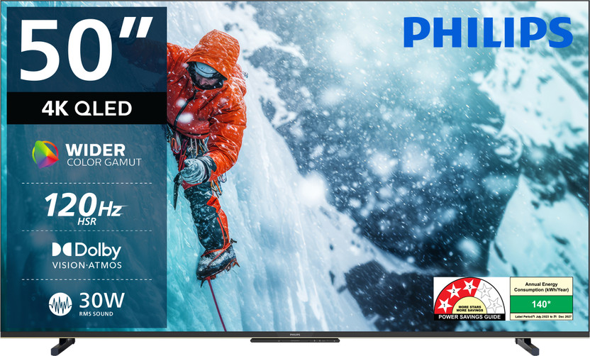PHILIPS 126 cm (50 inch) QLED Ultra HD (4K) Smart Google TV 2025 Edition with Dolby Vision 30W Dolby Atmos 120Hz Refresh Rate HDR 10+ Wider Colour Gamut Ultra Narrow Bezel 32 GB Storage(50PQT8100/94)