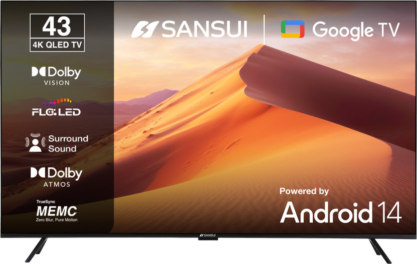 Sansui 109 cm (43 inch) QLED Ultra HD (4K) Smart Google TV with Dolby Vision| HDR10+| Dolby Atmos| HSR 120Hz| MEMC| 30W Surround Sound| FloLED Panel(JSW43UG23Q)