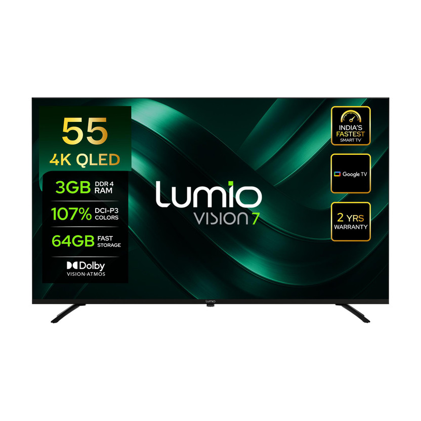 Lumio Vision 7 139 cm (55 inch) QLED Ultra HD (4K) Smart Google TV 2026 Edition with 4K HDR Dolby Vision + Atmos Over 100% Colour Indias Fastest Smart TV* with 3GB RAM + 64 GB storage(FTW3-ADSJ)