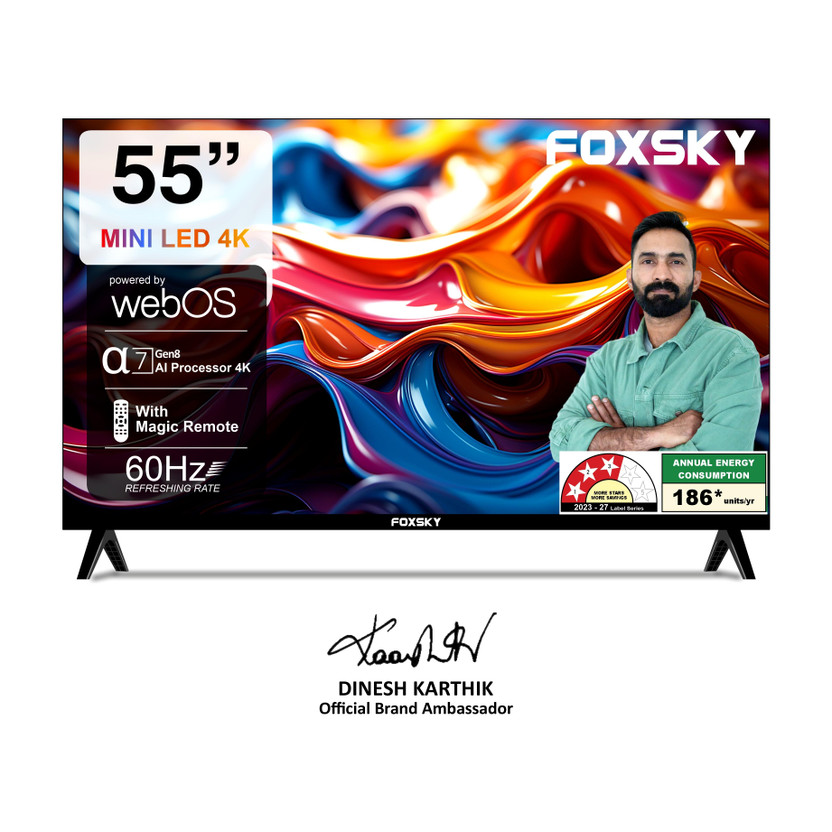 Foxsky Foxsky 139.7 cm (55 inch) Ultra HD (4K) Mini LED Smart WebOS TV 2026 Edition with 2.1CH Audio System Tuned by 40W, Native 60Hz Refresh Rate(FS55MINILED) - Flipkart Deal